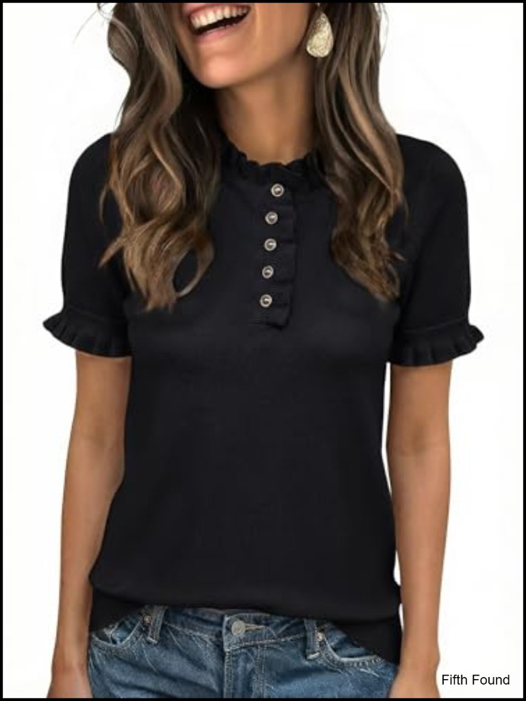 Women's Puff Short Sleeve Ruffle Henley Knit Pullover Sweater Top